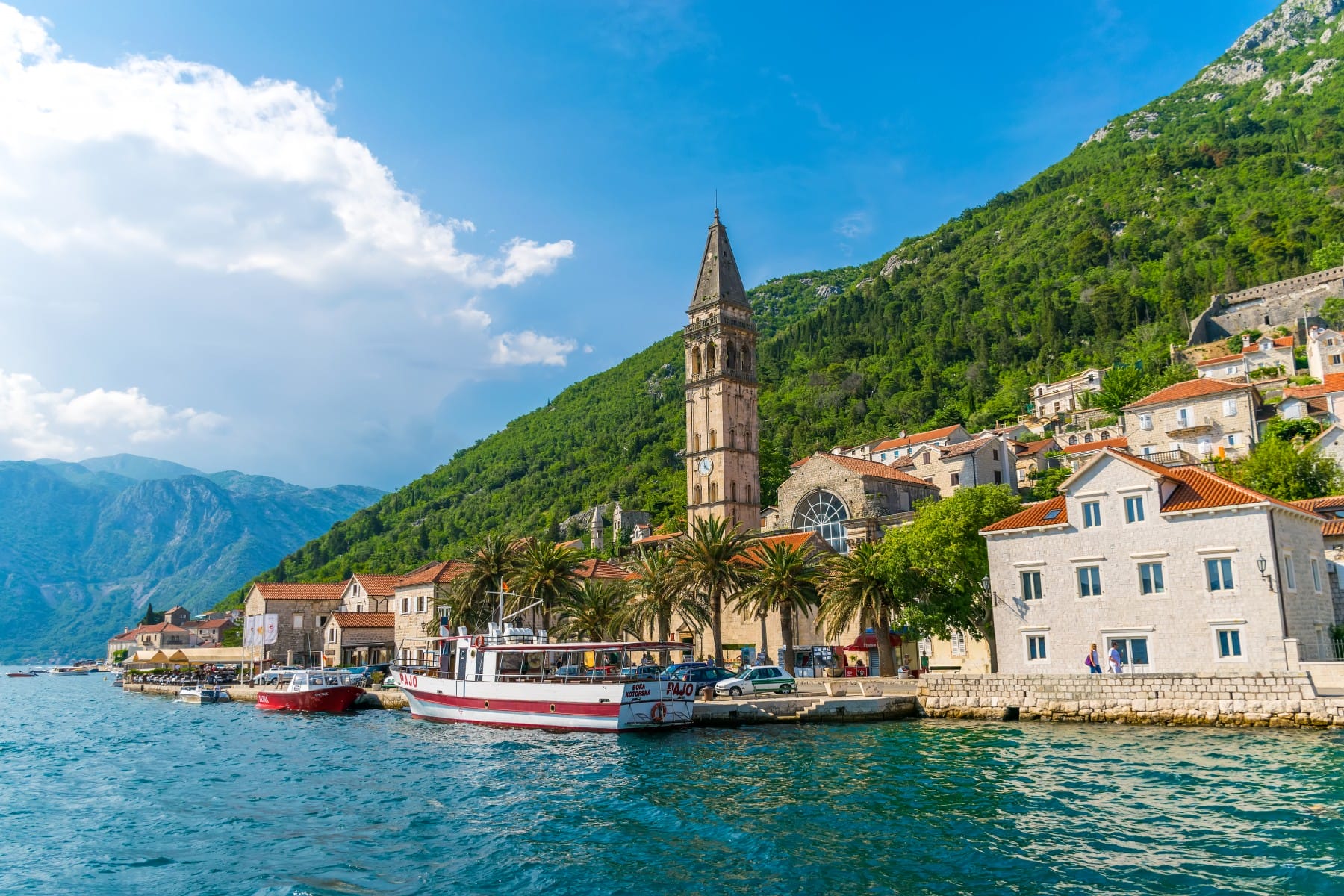 Charming baroque town of Perast bellfry of church of Saint Nicholas Perast Montenegro