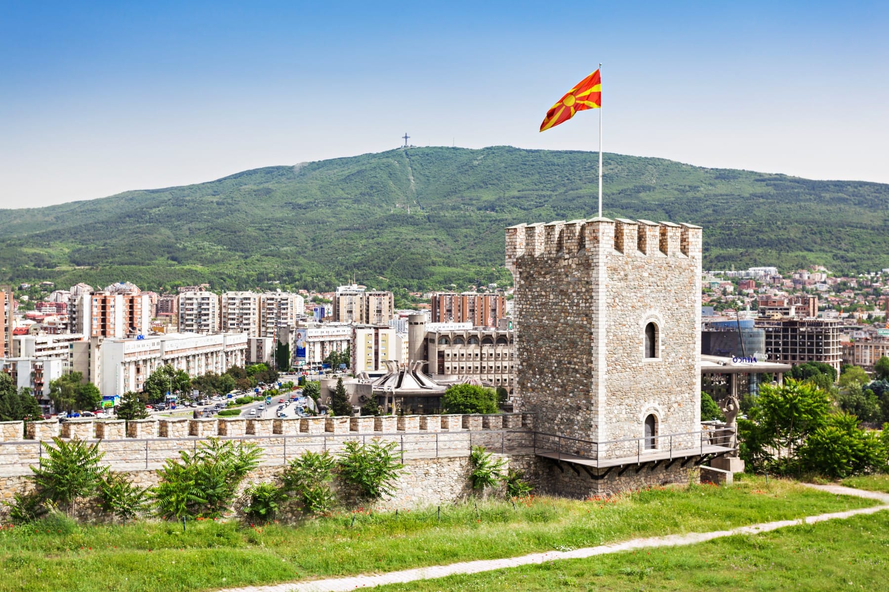 Macedonian flag on Kale Fortress Skopje Macedonia