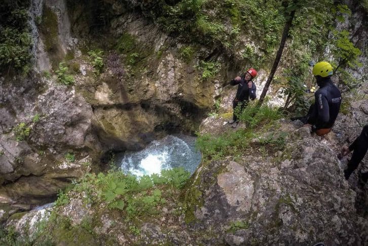 Group standing on cliff Nevidio canyoning, Montenegro