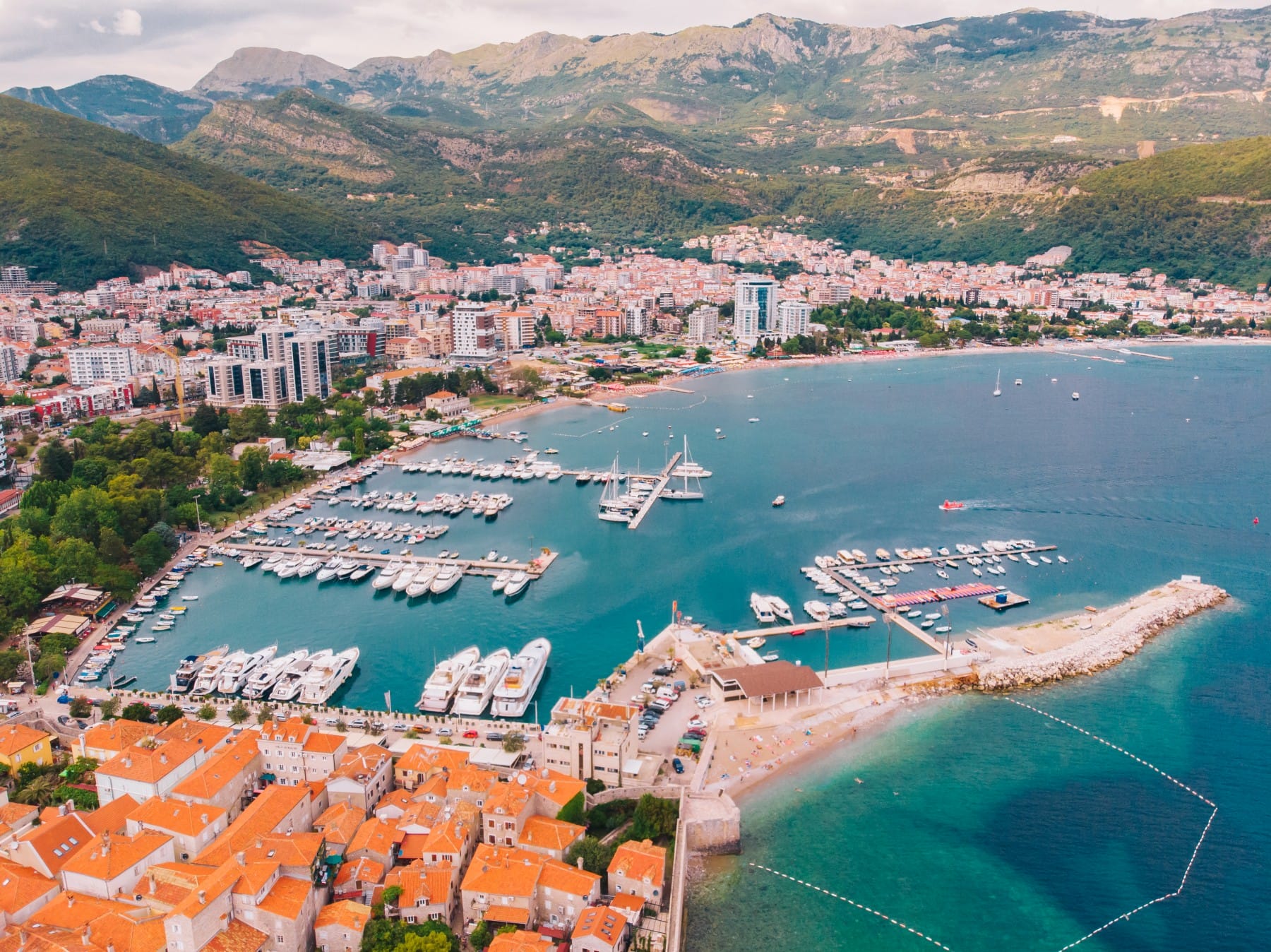 View from the air to the shore of budva in montenegro, summer day