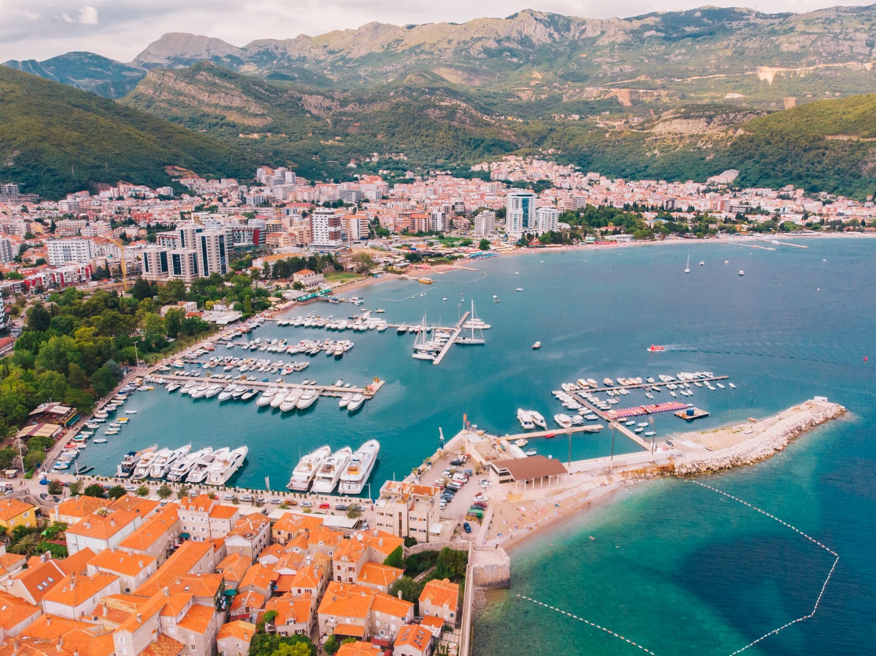 View from the air to the shore of budva in montenegro