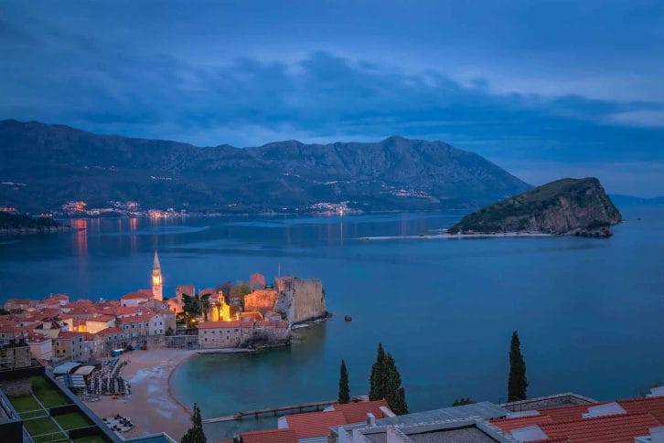 Dusk over Budva town in Montenegro