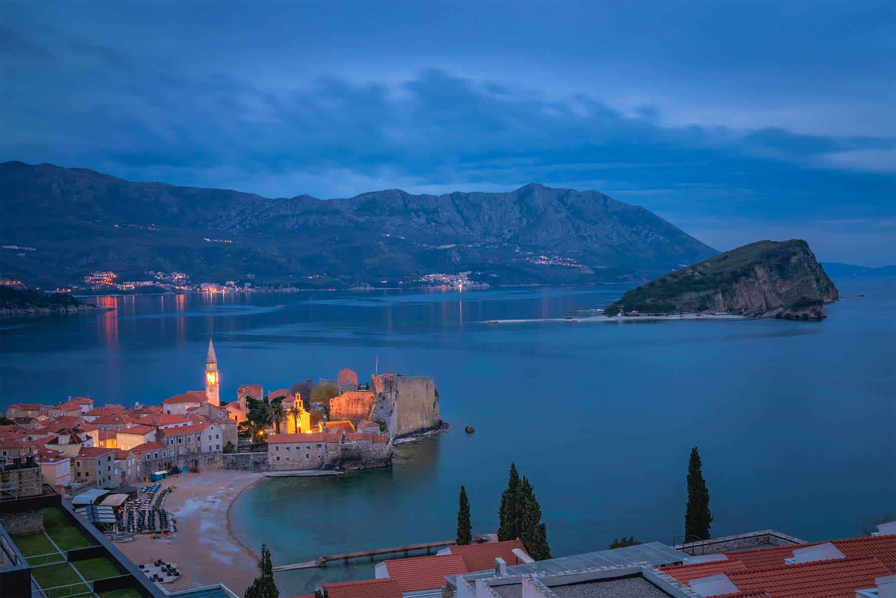 Dusk over Budva town in Montenegro