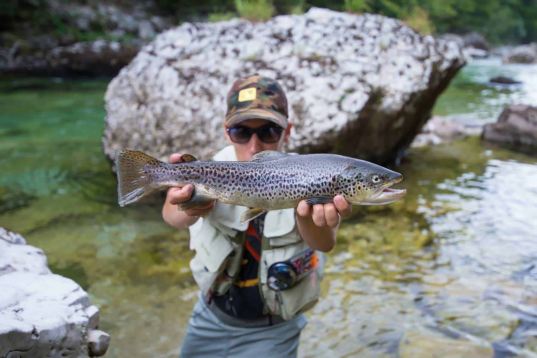 Fisherman holding a brown trout in river