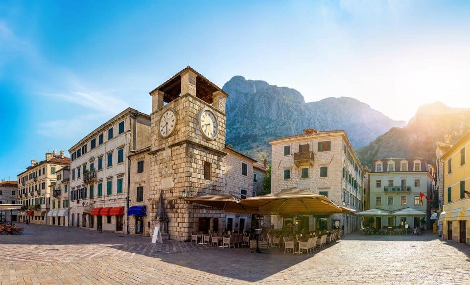 Clock tower in Kotor old town in Montenegro