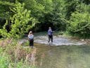 Two people fly fishing in stream on tara river in Montenegro