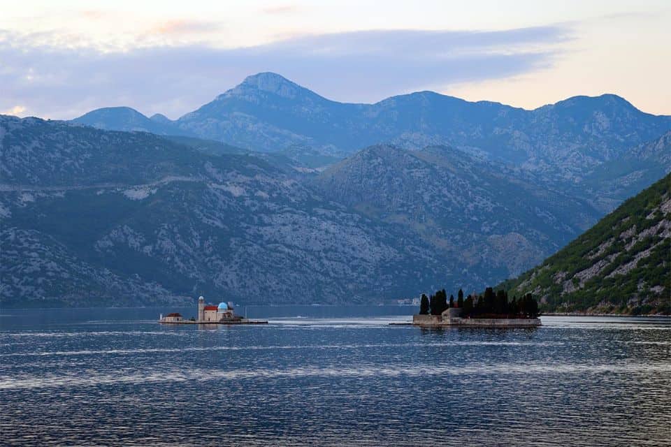 View of island of Saint George and our Lady of the Rocks in Montenegro