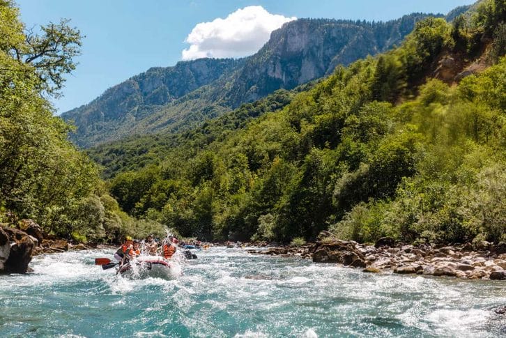 A group of tourist rafting on Tara river