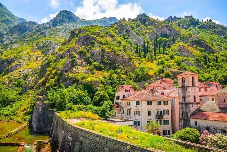 Stunning green hills behind Kotor town walls