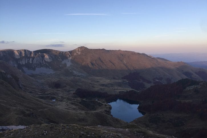 Bjelasica-view-to-Pesica-Lake-from-Zekova-Glava-peak-in-sunset
