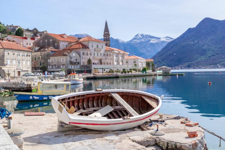 Historic city of Perast at Bay of Kotor in summer, Montenegro