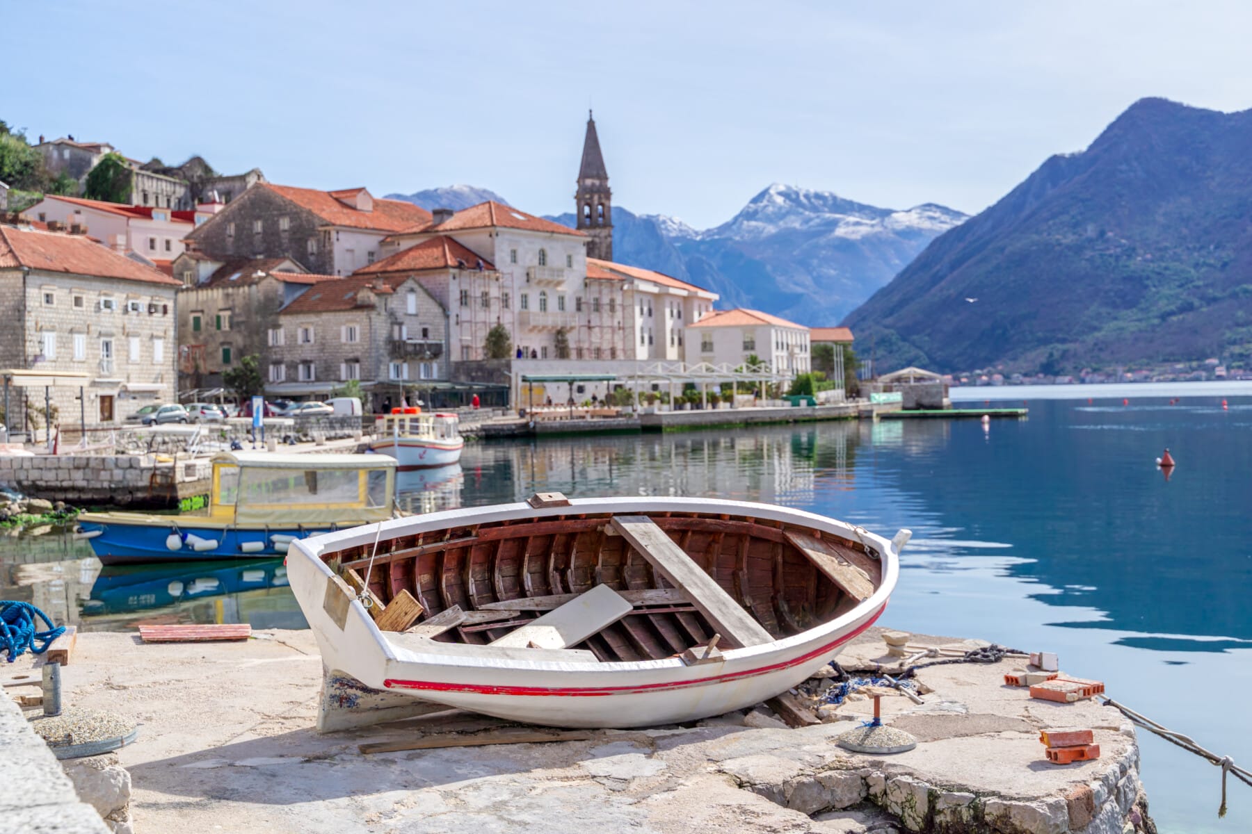 Historic city of Perast at Bay of Kotor in summer, Montenegro