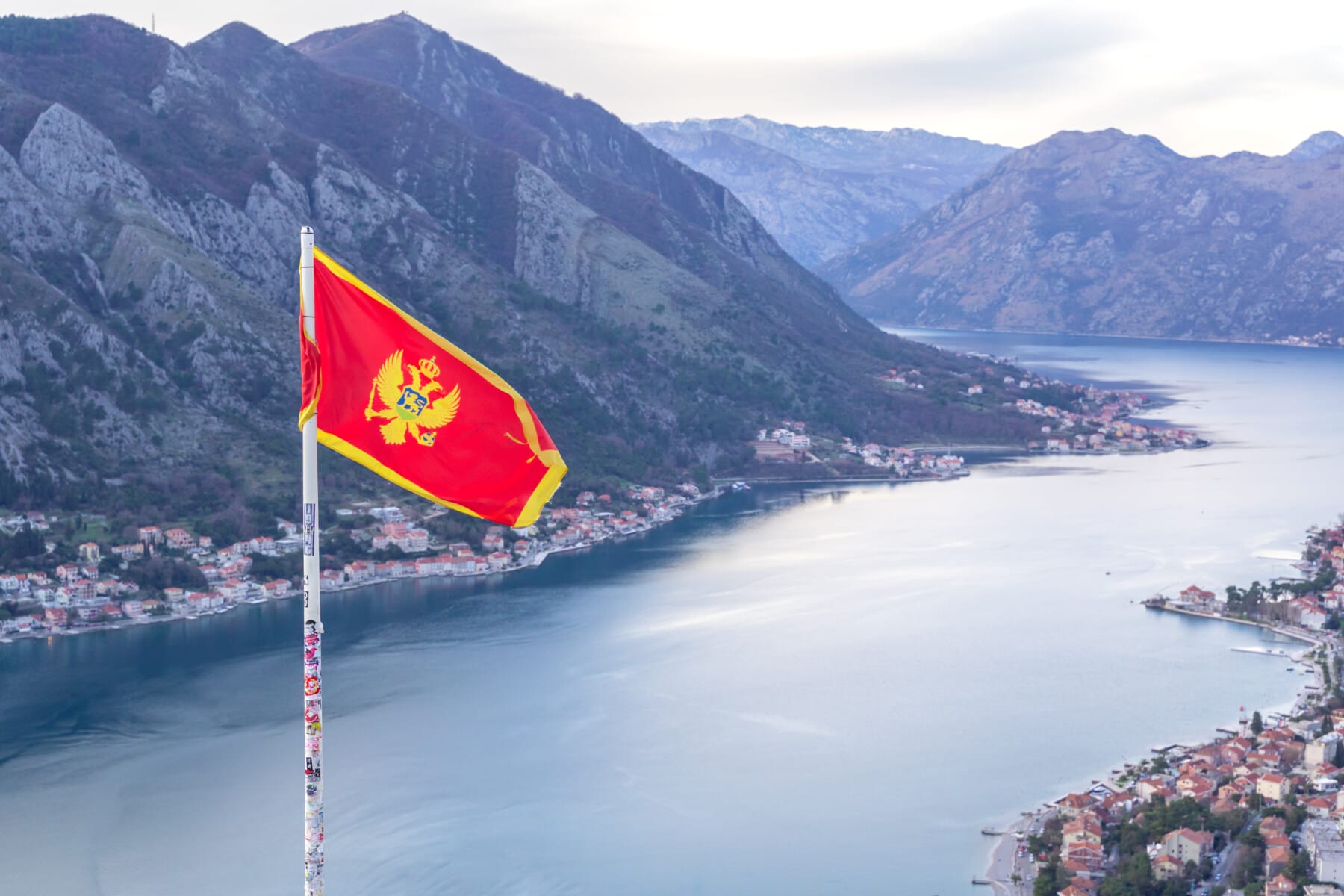 Montenegro flag at Kotor bay view