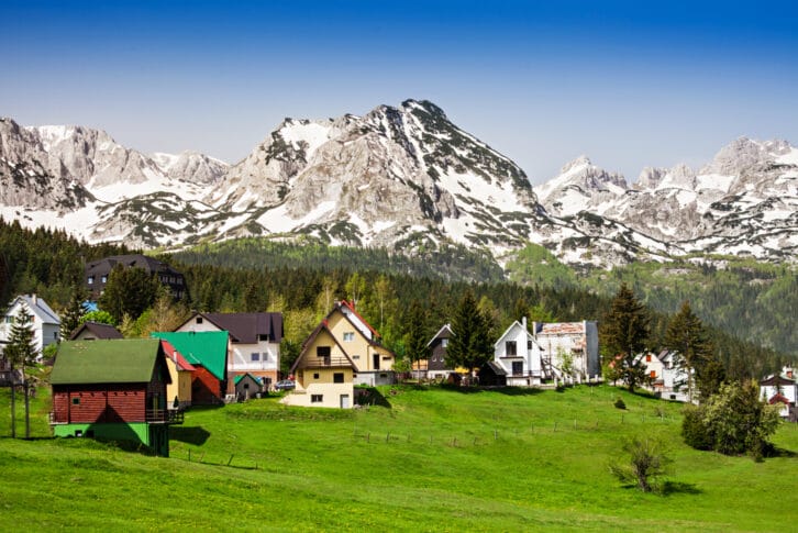 Amazing view on Durmitor mountain and houses under mountain, Žabljak