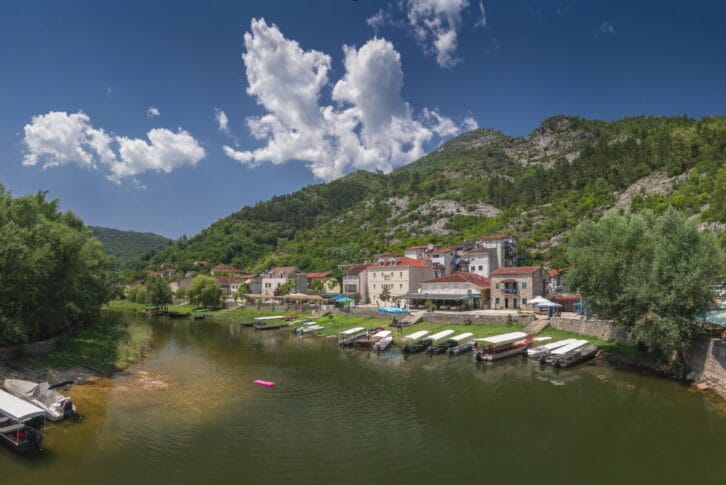 Panoramic view of the Old Bridge over Crnojevica river, Rijeka Crnojevica,