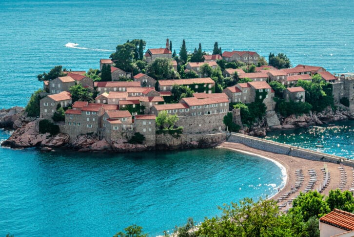 Sveti Stefan island in Budva in a beautiful summer day, Montenegro, Adriatic