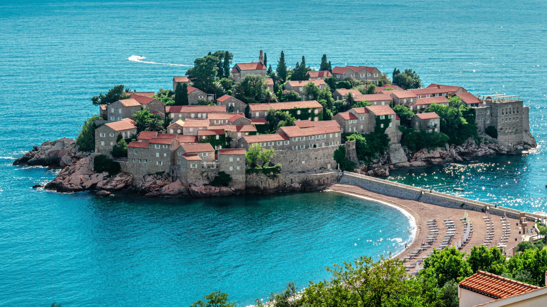 Sveti Stefan island in Budva in a beautiful summer day, Montenegro, Adriatic