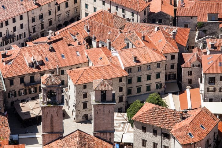 Top view of the red-tiled roofs in the old town of Kotor, Montenegro.