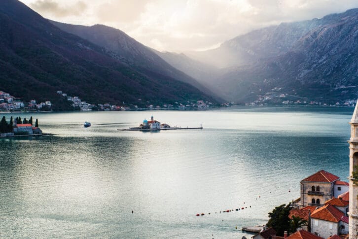 Beautiful view on a bay of Kotor witch islands and mountains.