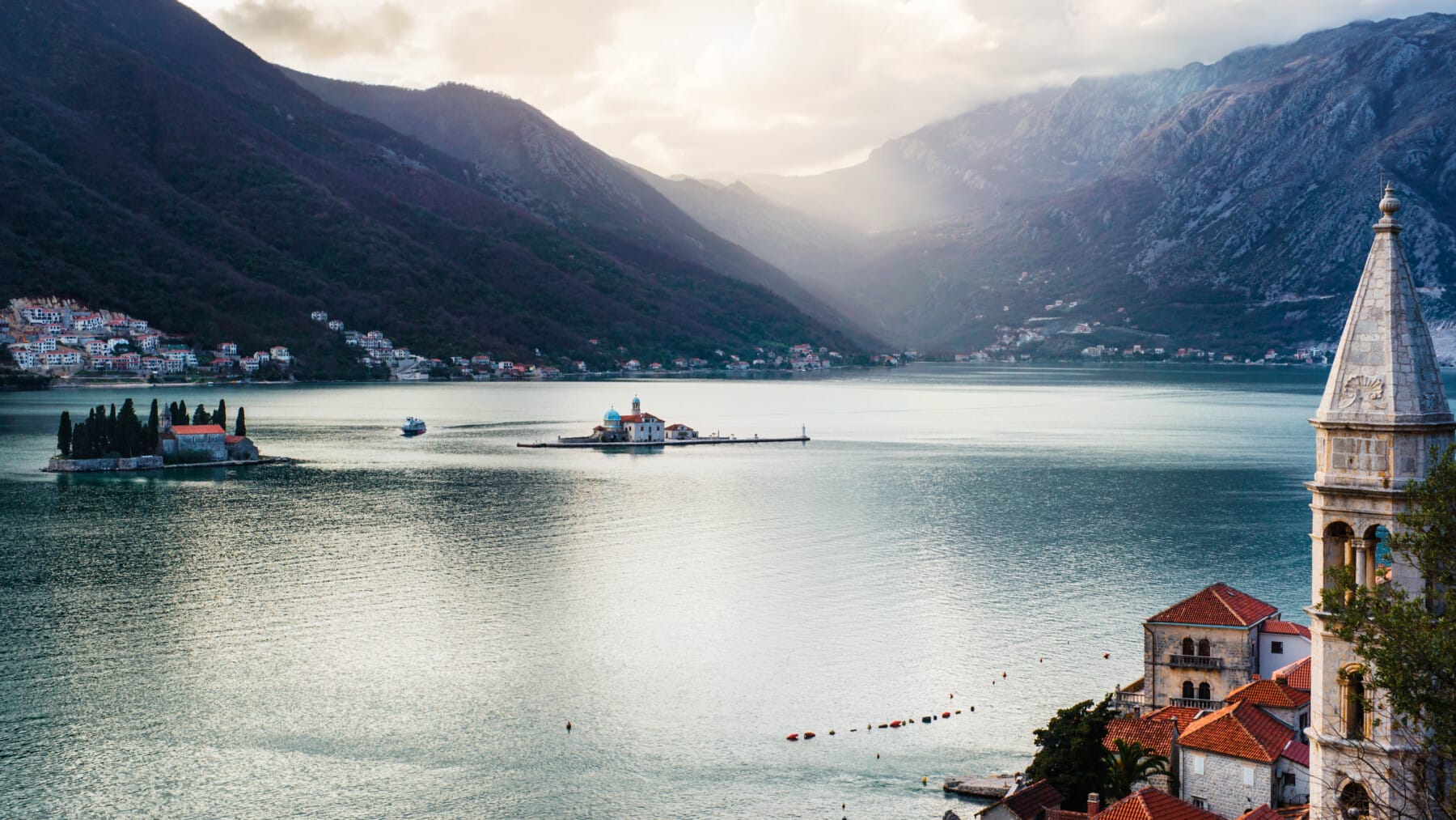 Beautiful view on a bay of Kotor witch islands and mountains.