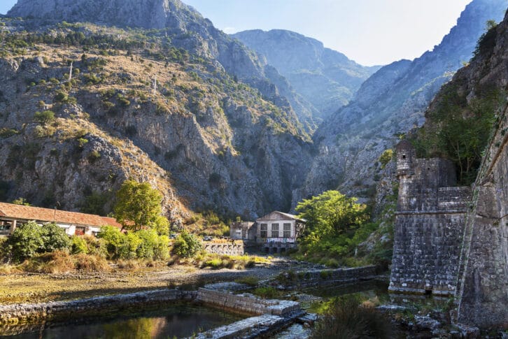 Wall of the Kotor old town in sun, Montenegro.