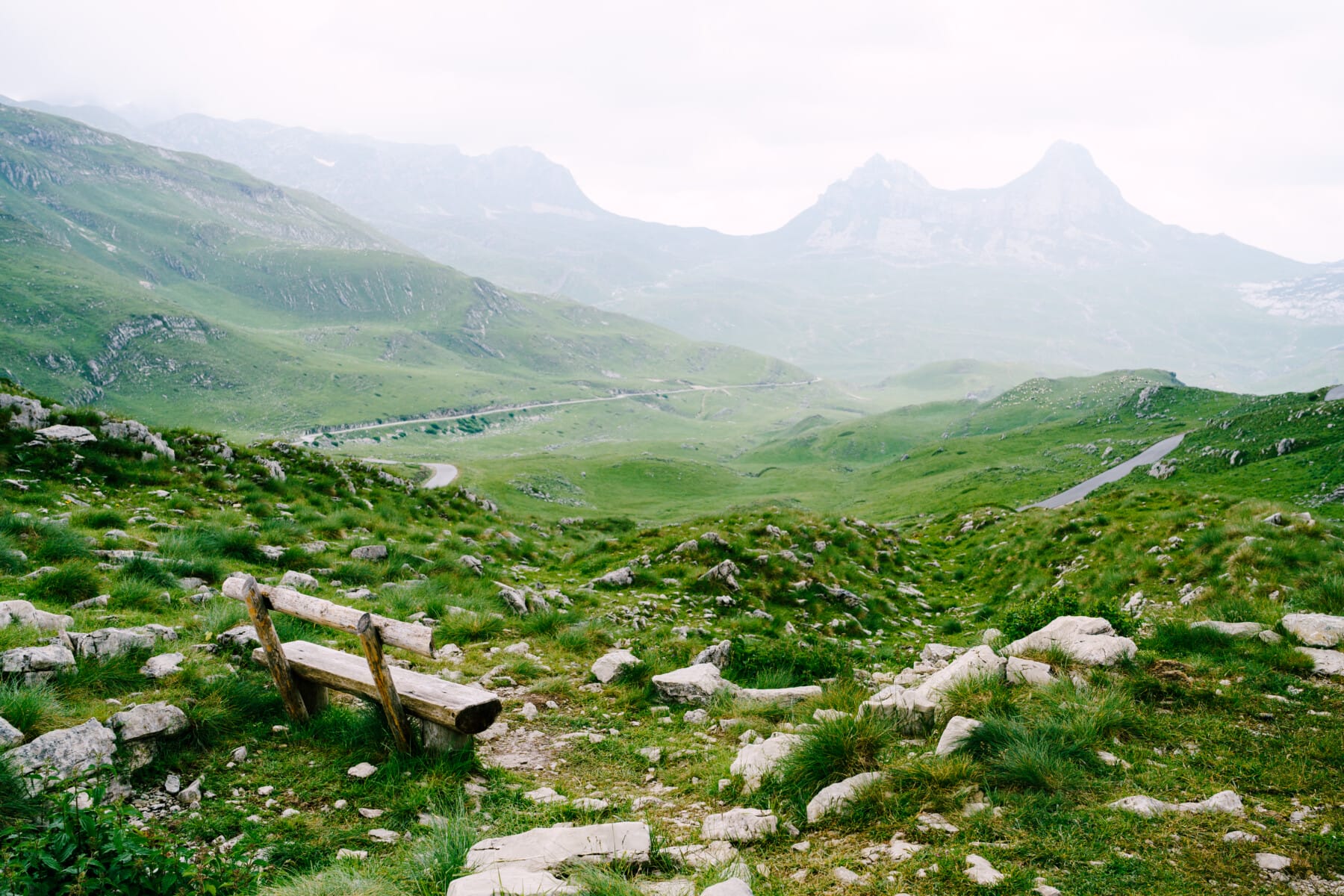 A wooden bench in the mountains of Montenegro in Durmitor National Park, Sedlo Pass.
