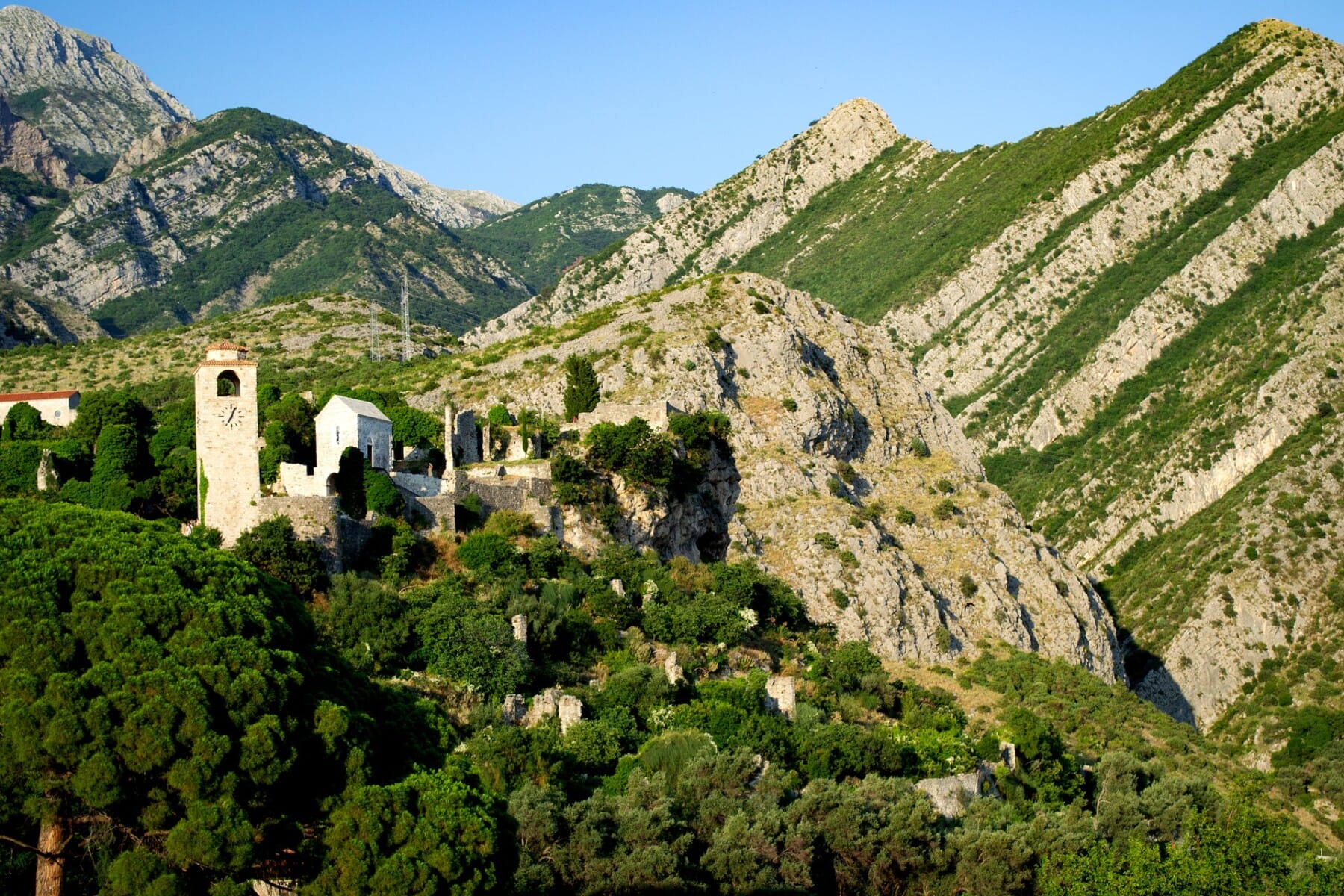 Old town bar with mountain around
