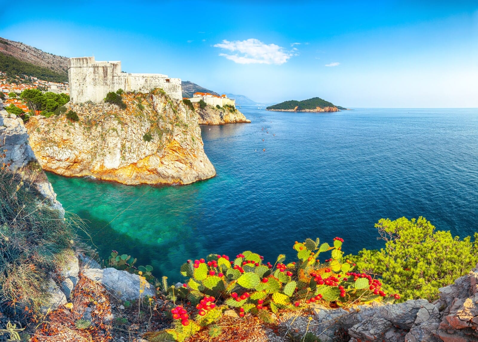 Aerial view at famous travel destination city of Dubrovnik - Fort Lovrijenac on a sunny day