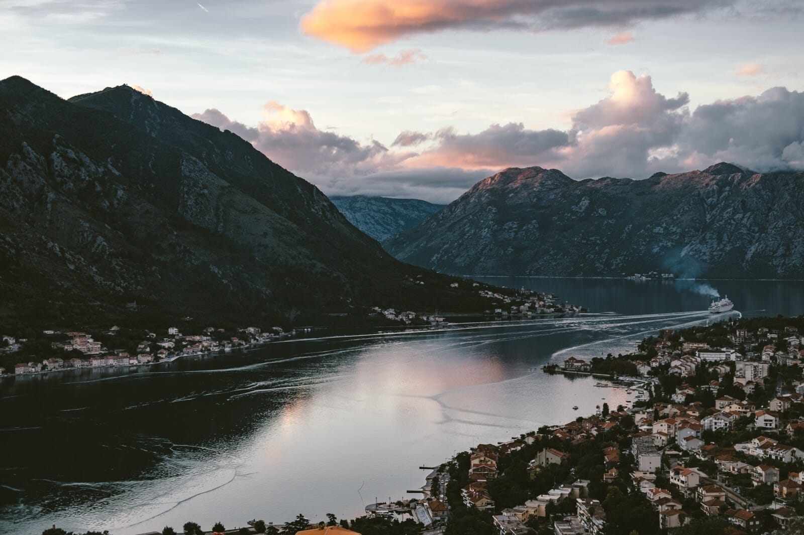 Evening View of Bay of Kotor old town from Lovcen mountain.