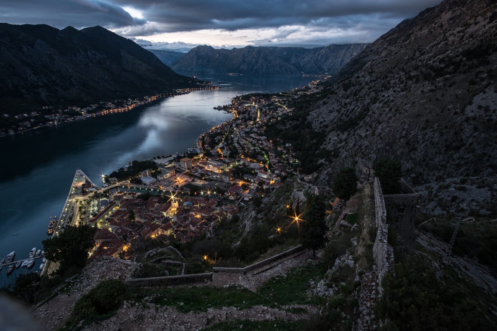 Evening View of Bay of Kotor old town from Lovcen mountain.