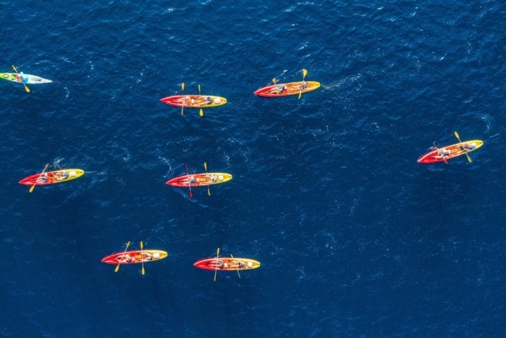 Kayaks and canoes. View from the air