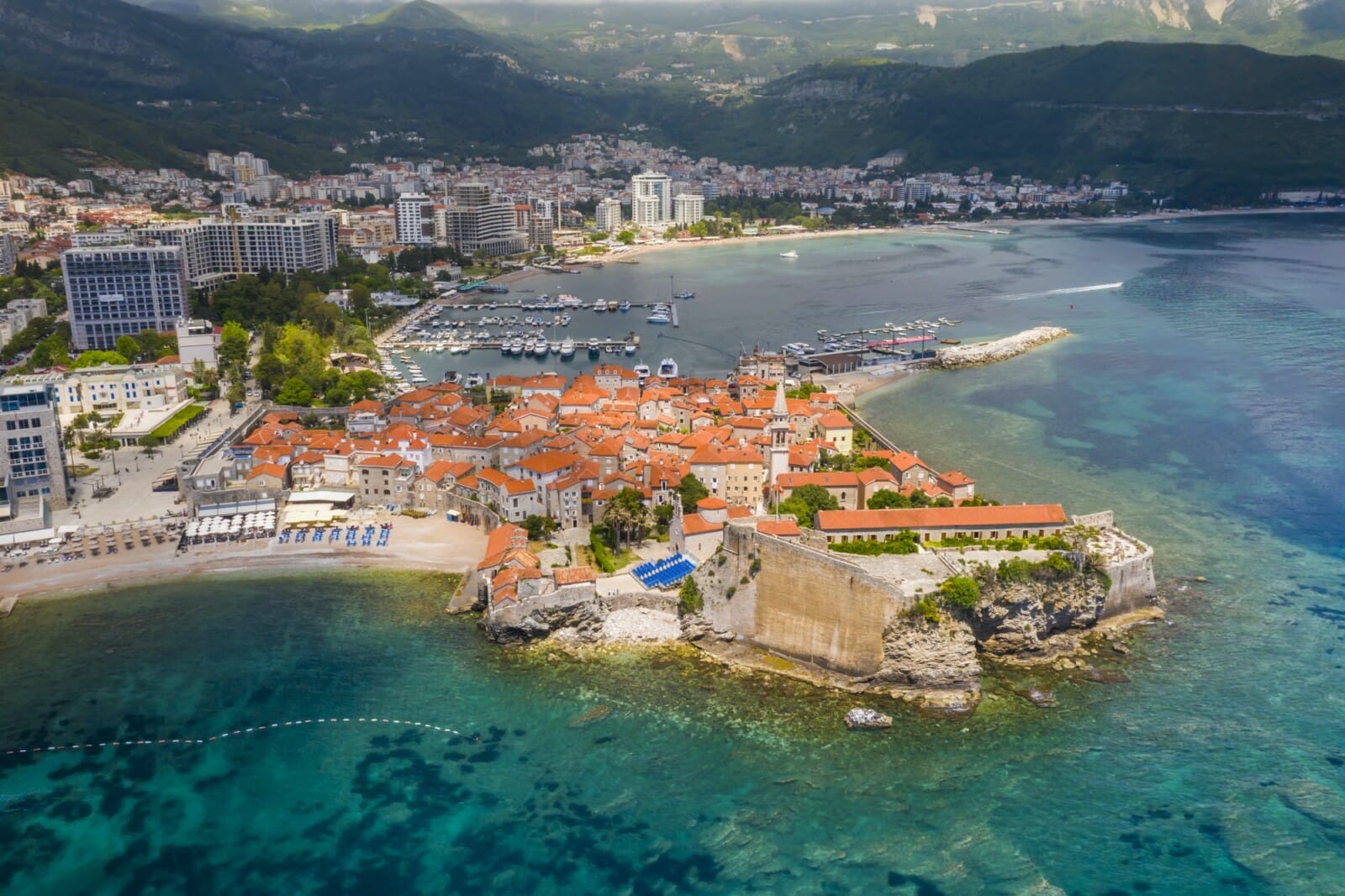 Old town in Budva in a beautiful summer day, Montenegro. Aerial image. Top view