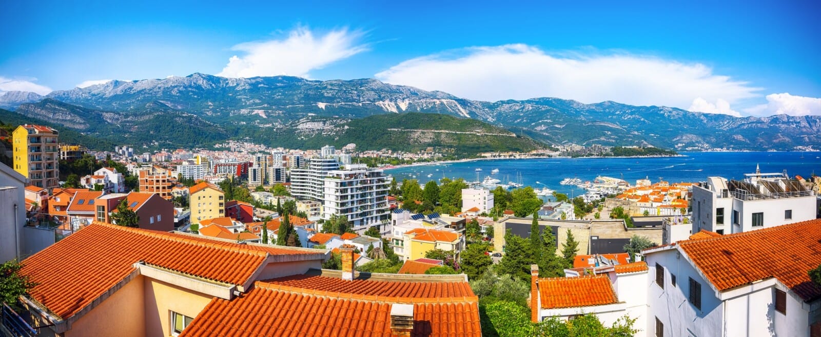 Panoramic summer view of Adriatic sea coast and Budva city