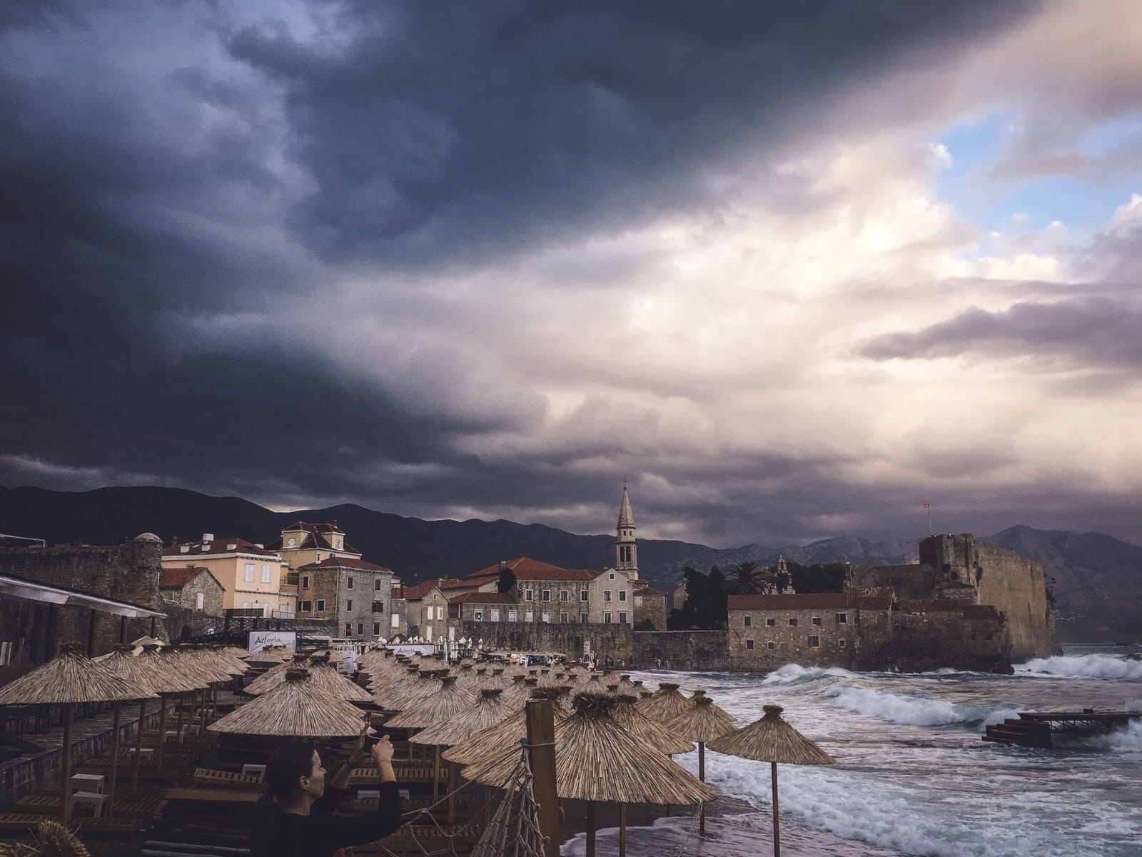 Storm on the sea, dramatic sky over the beach of Budva
