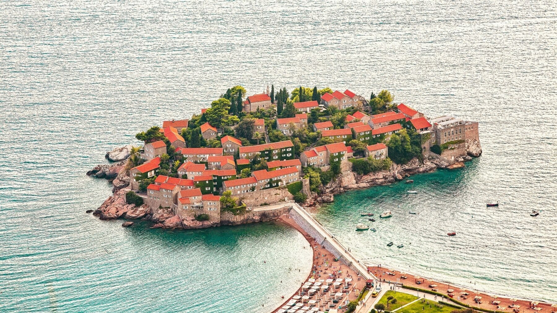 Aerial stunning view of the islet Sveti Stefan from church st. Sava viewpoint