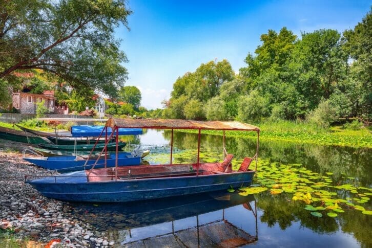 View of Boats with a thatched roofs on the pier. Skadar lake tour.
